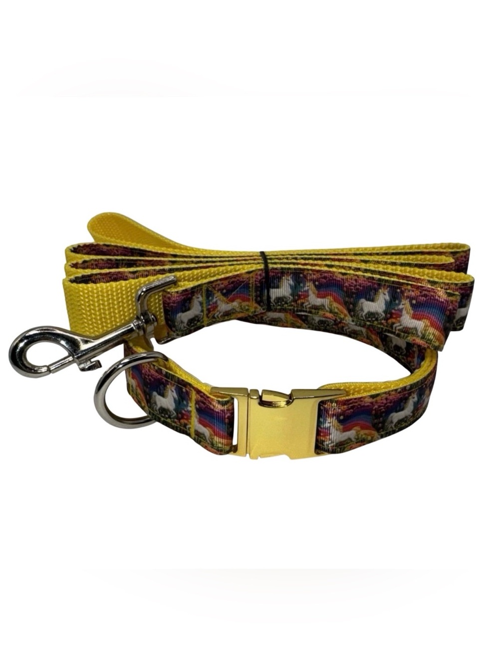 Dog Collar & Leash Yellow Unicorn Rainbow Print Large Handmade Heavy Duty NEW